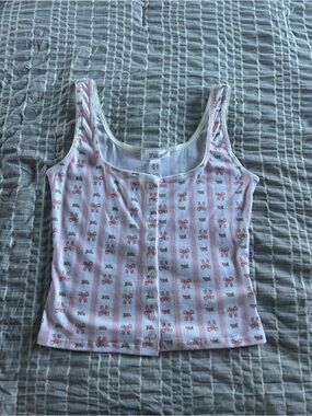 Pink Bow-Print Ribbed Tank Top